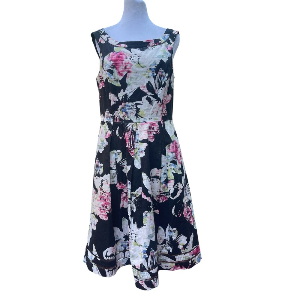 White House Black Market Black Floral Fit & Flare Dress US 10 Wedding Guest